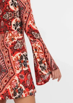 bonprix Bekleidung·Pullover & Strickjacken|Nachhaltigere Materialien^Jerseykleid mit Stehkragen und Volant-Ärmel rot/beige bedruckt