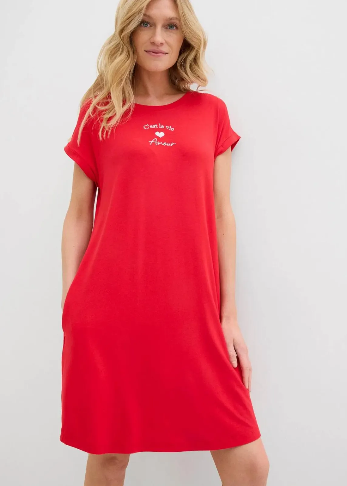 bonprix Kleider^Jersey-Kleid mit Stickerei aus Viskose-Elasthan-Mix tomatenrot