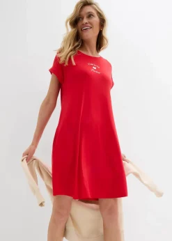 bonprix Kleider^Jersey-Kleid mit Stickerei aus Viskose-Elasthan-Mix tomatenrot