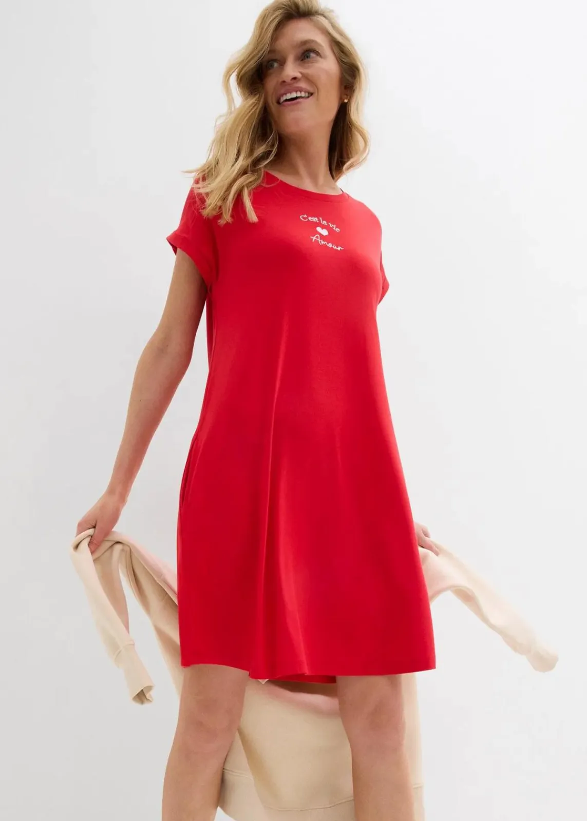 bonprix Kleider^Jersey-Kleid mit Stickerei aus Viskose-Elasthan-Mix tomatenrot