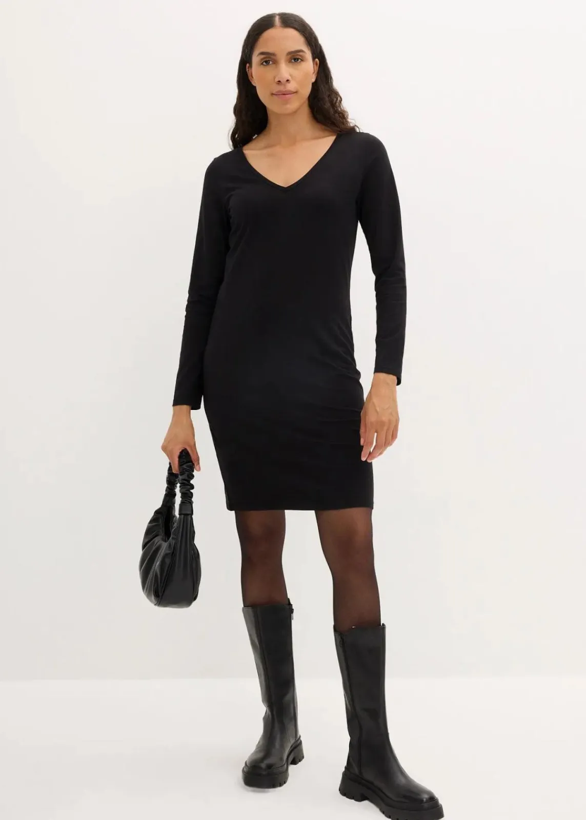 bonprix Kleider|Basics^Jerseykleid mit V-Ausschnitt (2er Pack) schwarz + schwarz