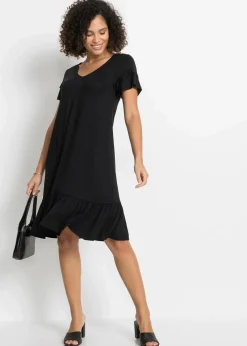bonprix Nachhaltigere Materialien|Kleider^Jerseykleid mit Volant aus Viskose-Mix schwarz
