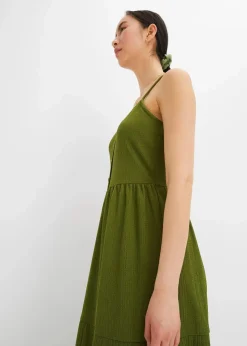 bonprix Bekleidung·Pullover & Strickjacken|Kleider^Jersey-Kleid mit Volants und dekorativer Knopfleiste dunkelmoos