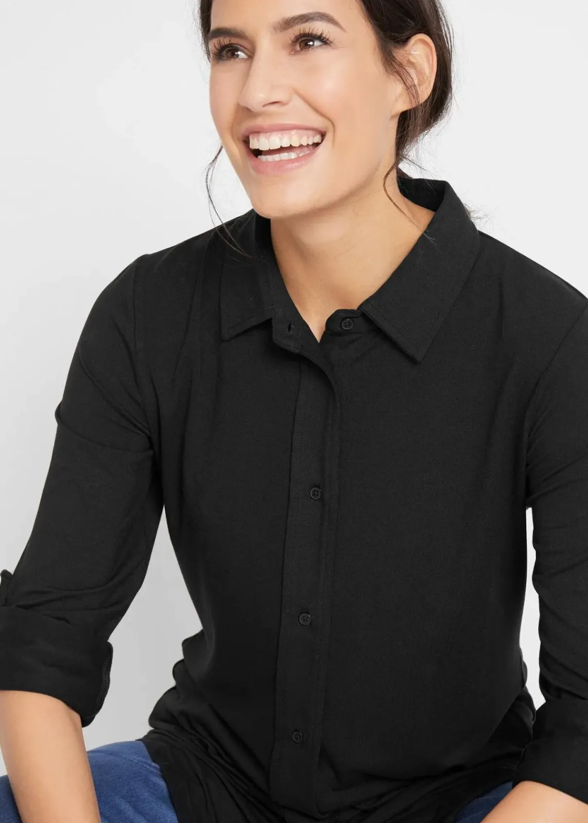 bonprix Nachhaltigere Materialien|Shirts & Tops^Jersey-Shirtbluse, lang schwarz