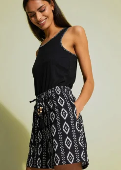bonprix Bekleidung·Outdoorbekleidung|Bekleidung·Kleider^Jersey-Shorts schwarz graphisch bedruckt