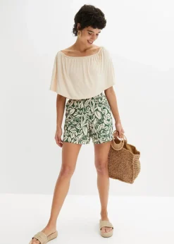 bonprix Bekleidung·Outdoorbekleidung|Bekleidung·Kleider^Jersey-Shorts aus elastischem Baumwoll-Mix dunkelgrün bedruckt