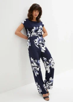 bonprix Kurzgrößen|Bekleidung·Homewear^Jumpsuit mit Bindeband dunkelblau/weiß geblümt