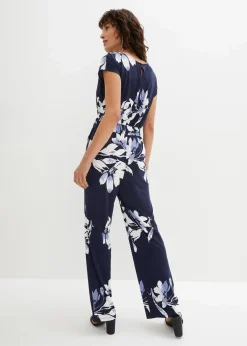 bonprix Kurzgrößen|Bekleidung·Homewear^Jumpsuit mit Bindeband dunkelblau/weiß geblümt