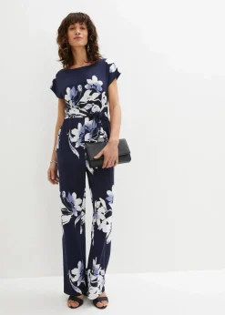 bonprix Kurzgrößen|Bekleidung·Homewear^Jumpsuit mit Bindeband dunkelblau/weiß geblümt
