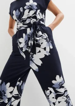 bonprix Kurzgrößen|Bekleidung·Homewear^Jumpsuit mit Bindeband dunkelblau/weiß geblümt