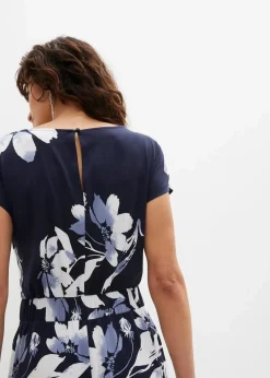 bonprix Kurzgrößen|Bekleidung·Homewear^Jumpsuit mit Bindeband dunkelblau/weiß geblümt
