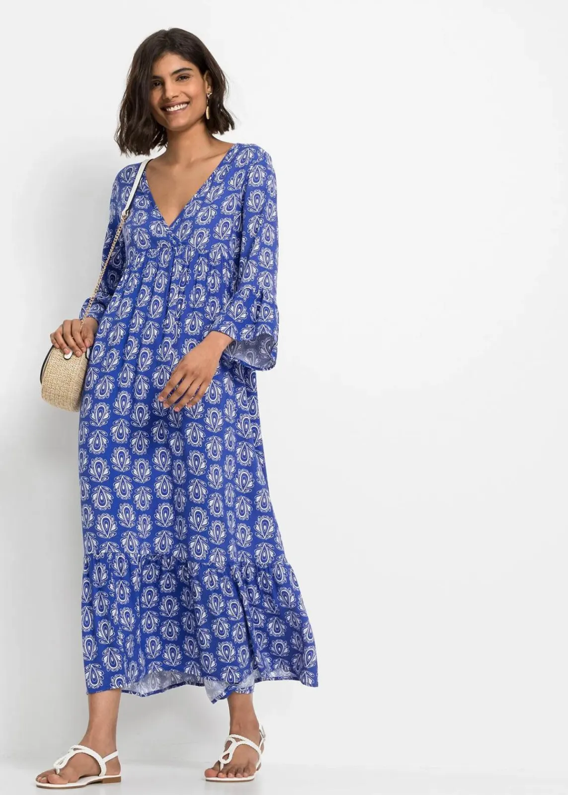 bonprix Bekleidung·Pullover & Strickjacken|Kleider^Kaftan-Kleid edelsteinblau bedruckt