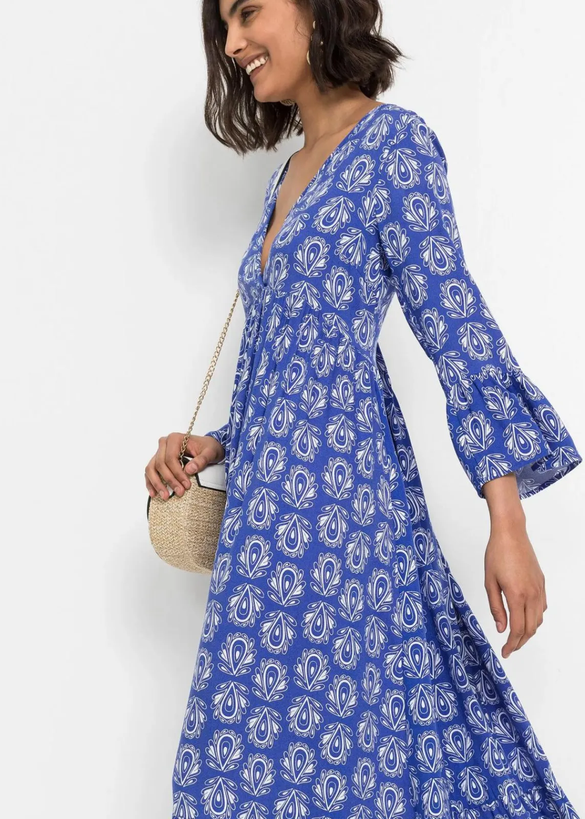 bonprix Bekleidung·Pullover & Strickjacken|Kleider^Kaftan-Kleid edelsteinblau bedruckt