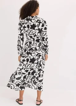 bonprix Bekleidung·Pullover & Strickjacken|Kleider^Kaftan-Kleid aus fließender Viskose schwarz/cremeweiß bedruckt