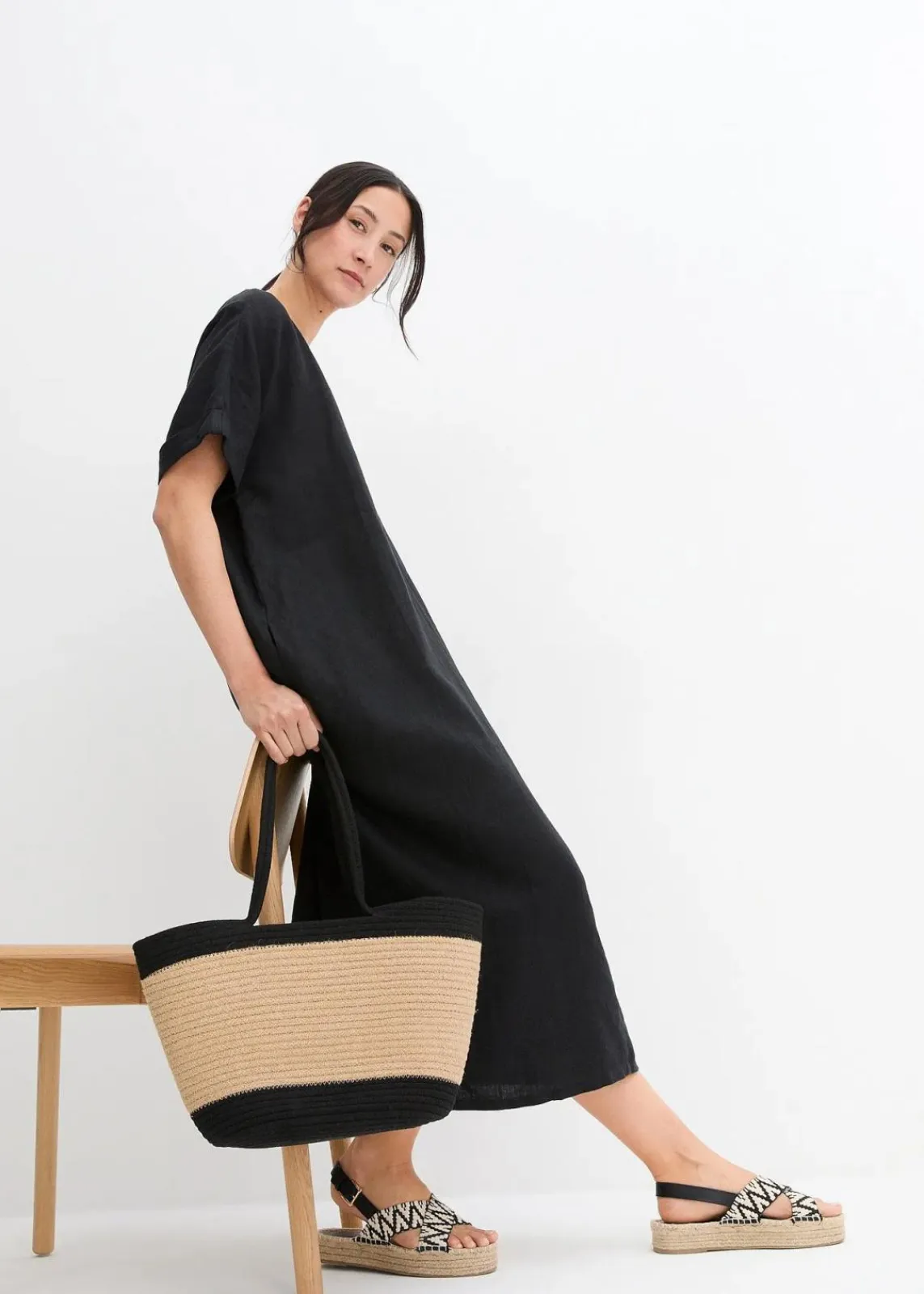 bonprix Bekleidung·Pullover & Strickjacken|Kleider^Kaftan-Kleid aus reinem Leinen schwarz