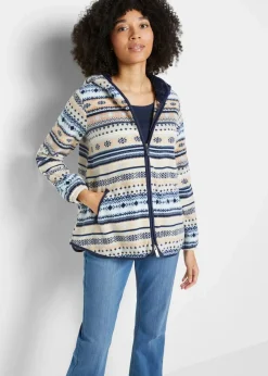 bonprix Bekleidung·Blusen & Tuniken|Bekleidung·Hosen^Kapuzen-Fleecejacke mit Norweger-Muster kieselbeige/weiß norwegermuster