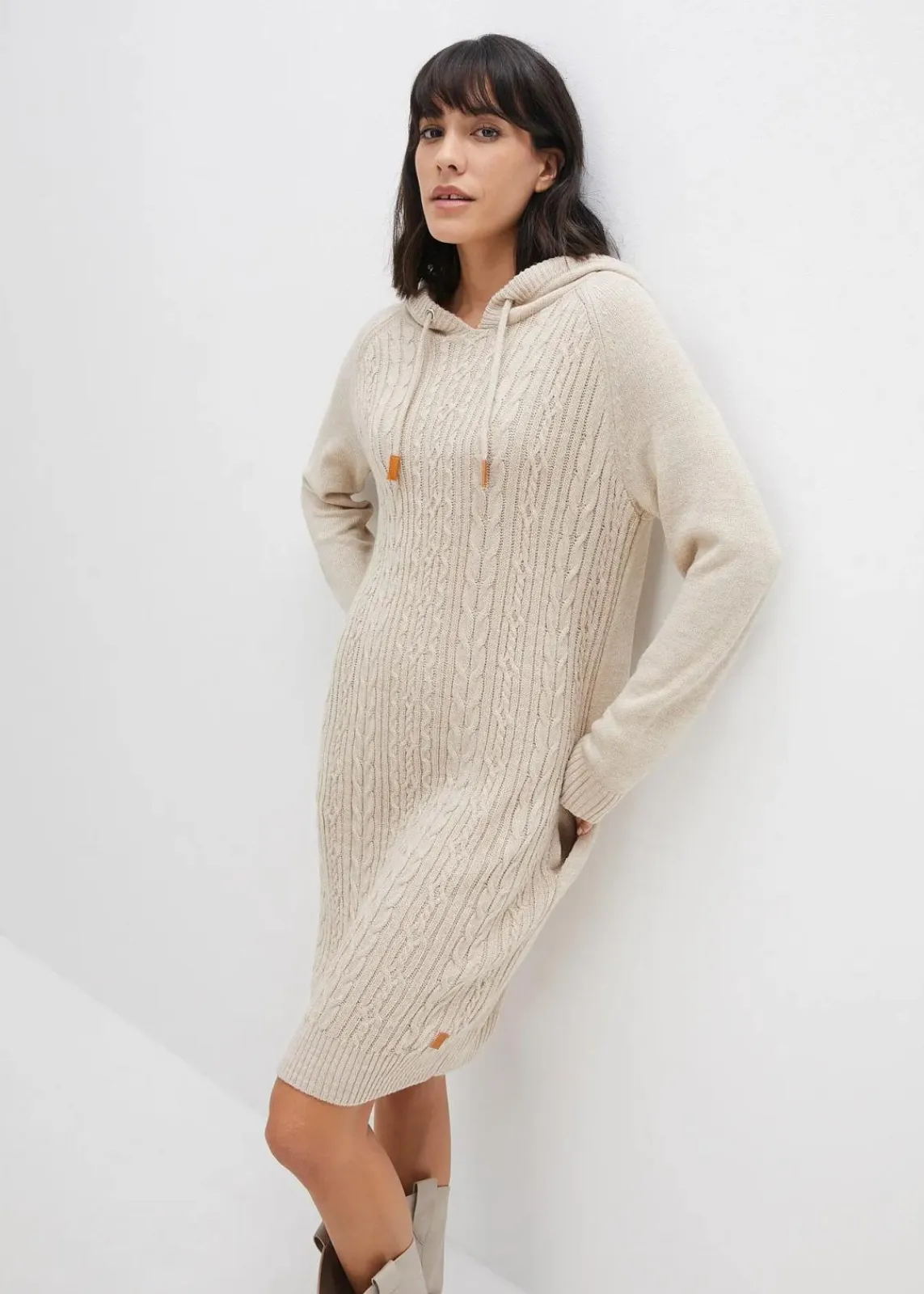 bonprix Bekleidung·Umstandsmode|Bekleidung·Pullover & Strickjacken^Kapuzen-Strickkleid mit Zopfmuster natur meliert