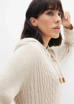 bonprix Bekleidung·Umstandsmode|Bekleidung·Pullover & Strickjacken^Kapuzen-Strickkleid mit Zopfmuster natur meliert