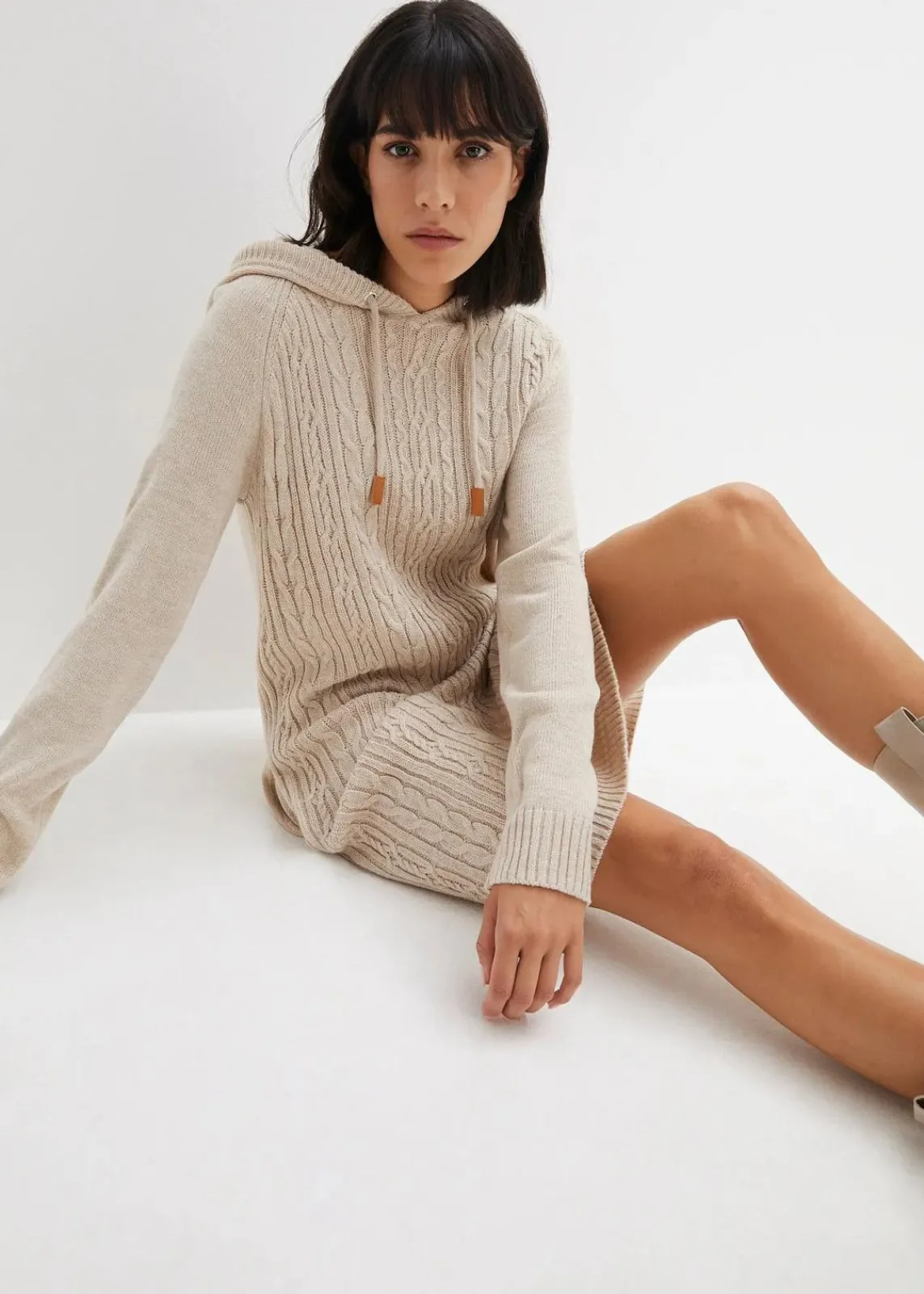 bonprix Bekleidung·Umstandsmode|Bekleidung·Pullover & Strickjacken^Kapuzen-Strickkleid mit Zopfmuster natur meliert