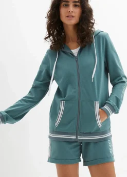 bonprix Bekleidung·Blusen & Tuniken|Nachhaltigere Materialien^Kapuzen-Sweatjacke aus reiner Bio-Baumwolle graugrün bedruckt