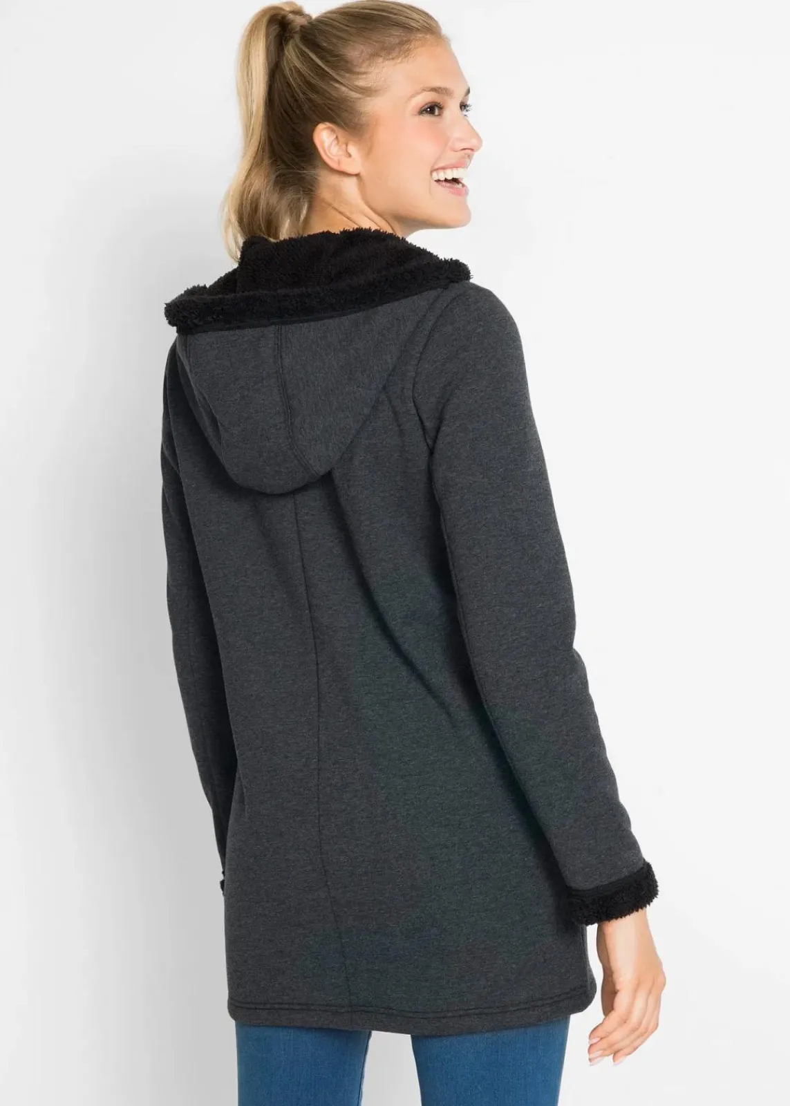 bonprix Sweat|Bekleidung·Blusen & Tuniken^Kapuzen-Sweatjacke mit Teddyfell anthrazit meliert