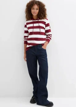 bonprix Bekleidung·Blusen & Tuniken|Nachhaltigere Materialien^Kapuzensweatshirt aus Bio-Baumwolle rubinrot/wollweiß gestreift