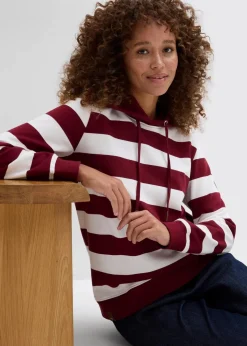 bonprix Bekleidung·Blusen & Tuniken|Nachhaltigere Materialien^Kapuzensweatshirt aus Bio-Baumwolle rubinrot/wollweiß gestreift