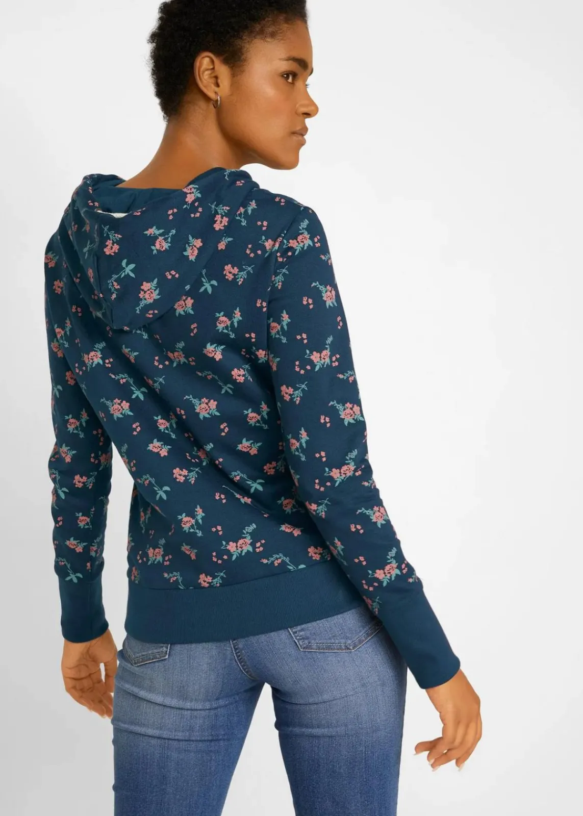bonprix Bekleidung·Blusen & Tuniken|Sweat^Kapuzensweatshirt mit Kordeln aus reiner Baumwolle dunkelblau geblümt
