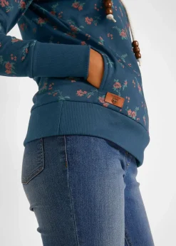 bonprix Bekleidung·Blusen & Tuniken|Sweat^Kapuzensweatshirt mit Kordeln aus reiner Baumwolle dunkelblau geblümt