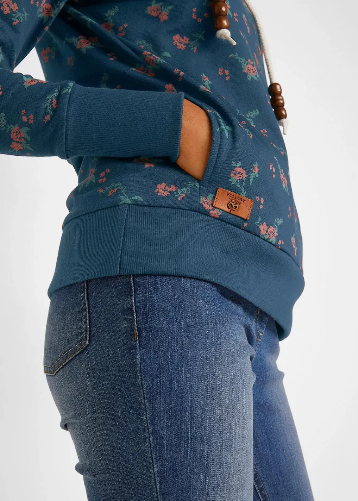 bonprix Bekleidung·Blusen & Tuniken|Sweat^Kapuzensweatshirt mit Kordeln aus reiner Baumwolle dunkelblau geblümt