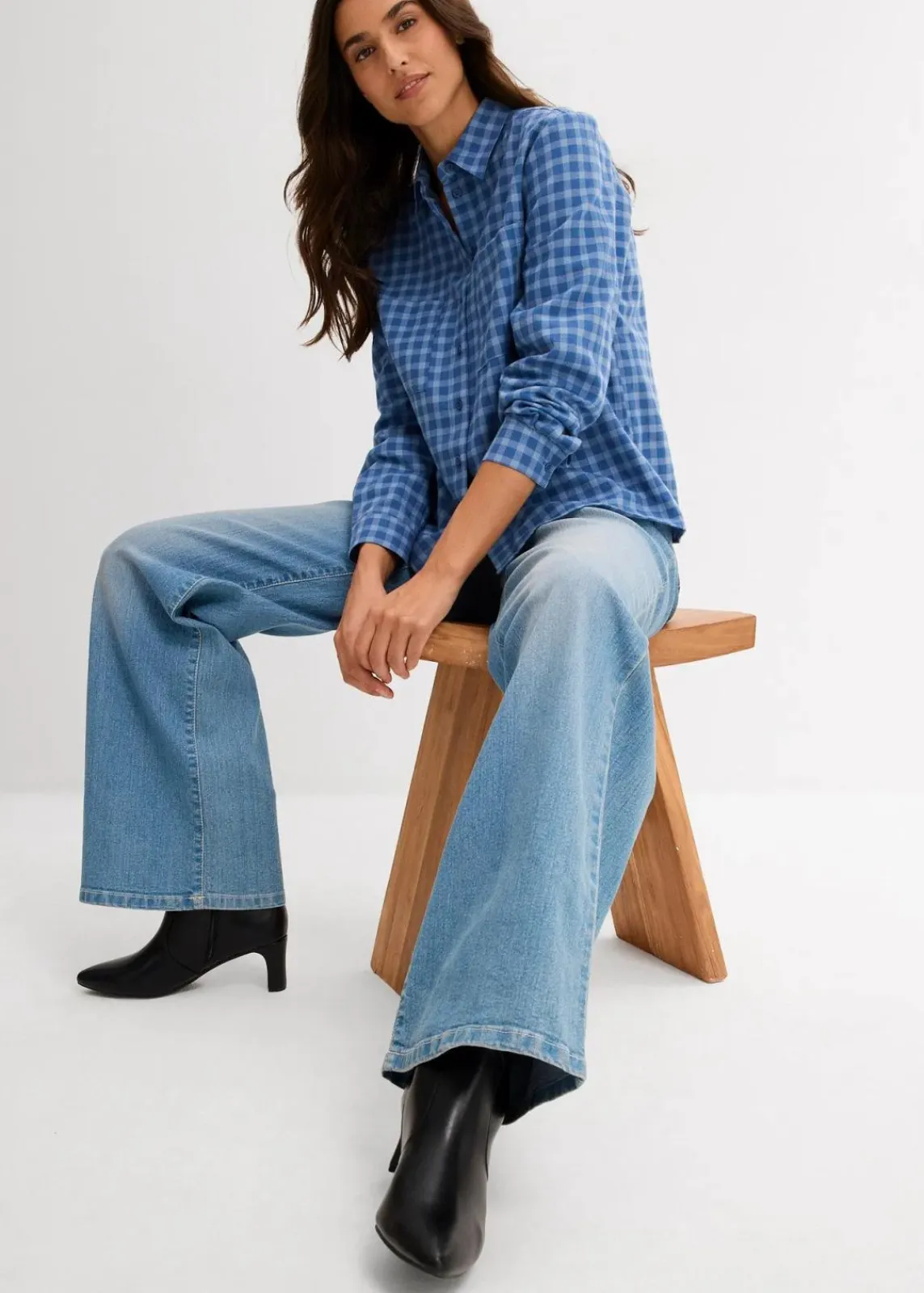 bonprix Blusen & Tuniken|Bekleidung·Jacken & Mäntel^Karierte Hemdbluse aus reiner Baumwolle hellblau/hellindigo kariert
