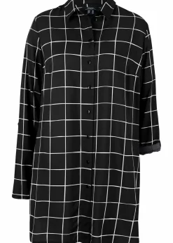 bonprix Bekleidung·Jacken & Mäntel|Blusen & Tuniken^Karierte Longbluse mit Taschen schwarz/wollweiß kariert