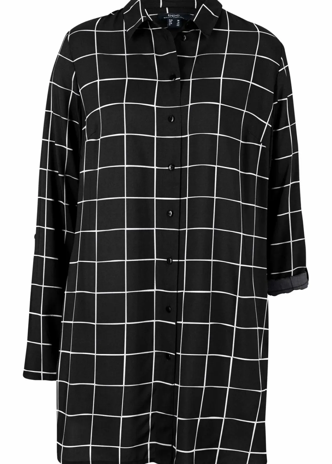 bonprix Bekleidung·Jacken & Mäntel|Blusen & Tuniken^Karierte Longbluse mit Taschen schwarz/wollweiß kariert