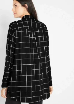 bonprix Bekleidung·Jacken & Mäntel|Blusen & Tuniken^Karierte Longbluse mit Taschen schwarz/wollweiß kariert