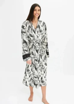 bonprix Wäsche·Bademäntel|Bademäntel^Kimono Bademantel aus softem Viskose-Mix naturbeige/schwarz geblümt