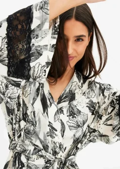 bonprix Wäsche·Bademäntel|Bademäntel^Kimono Bademantel aus softem Viskose-Mix naturbeige/schwarz geblümt