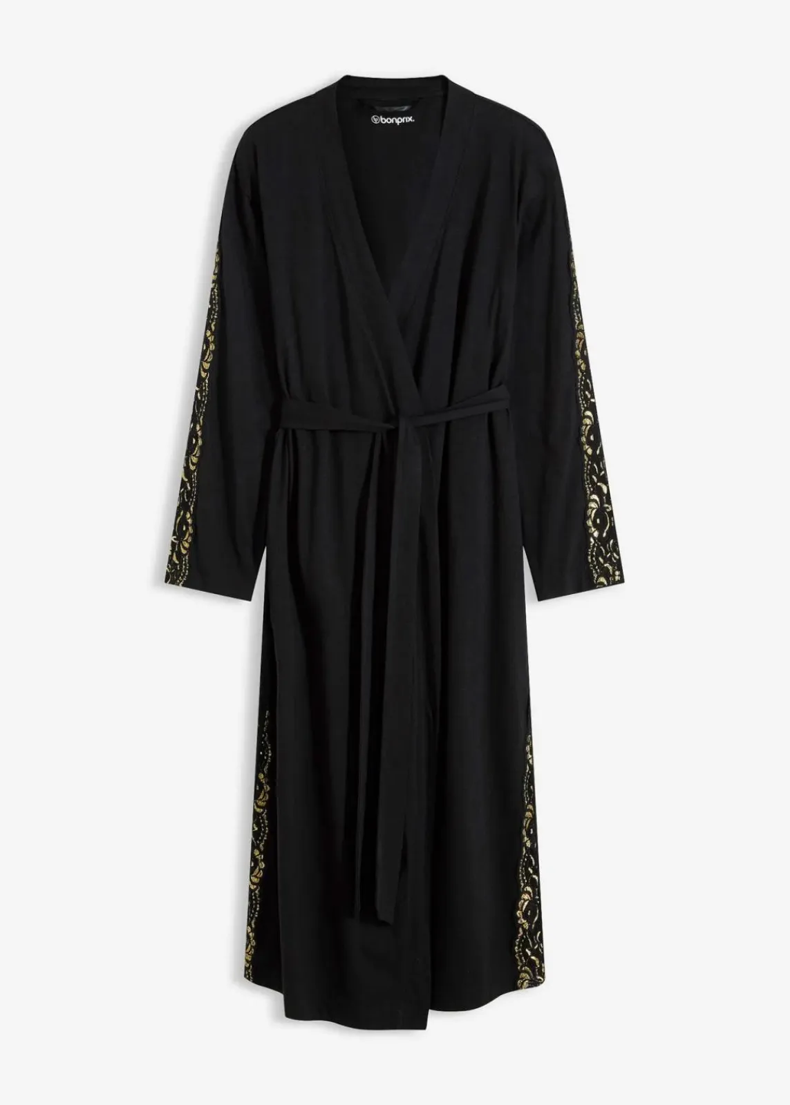 bonprix Wäsche·Bademäntel|Bademäntel^Kimono Morgenmantel mit zarter Glitzerspitze schwarz