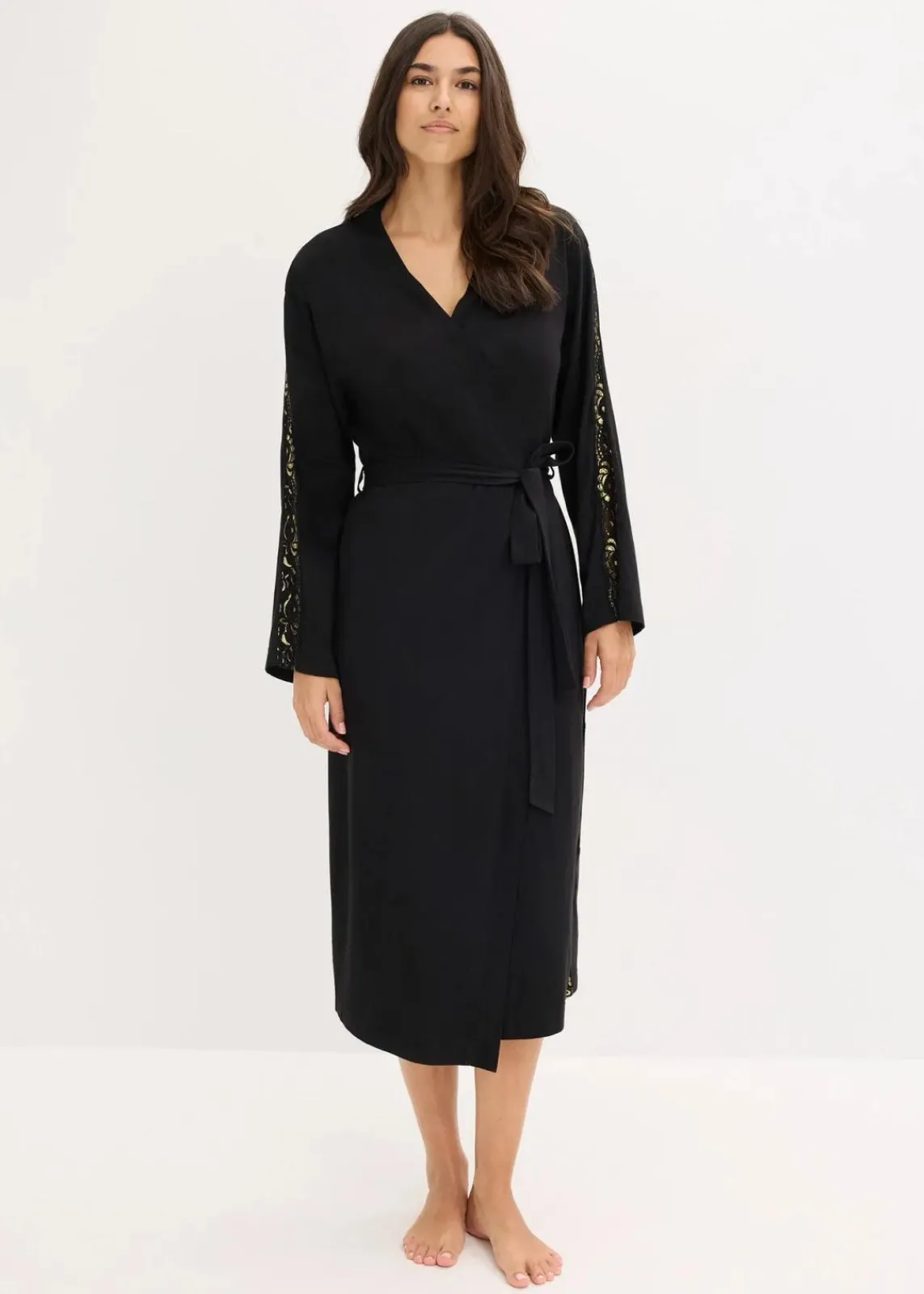 bonprix Wäsche·Bademäntel|Bademäntel^Kimono Morgenmantel mit zarter Glitzerspitze schwarz