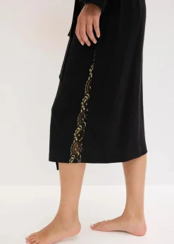 bonprix Wäsche·Bademäntel|Bademäntel^Kimono Morgenmantel mit zarter Glitzerspitze schwarz