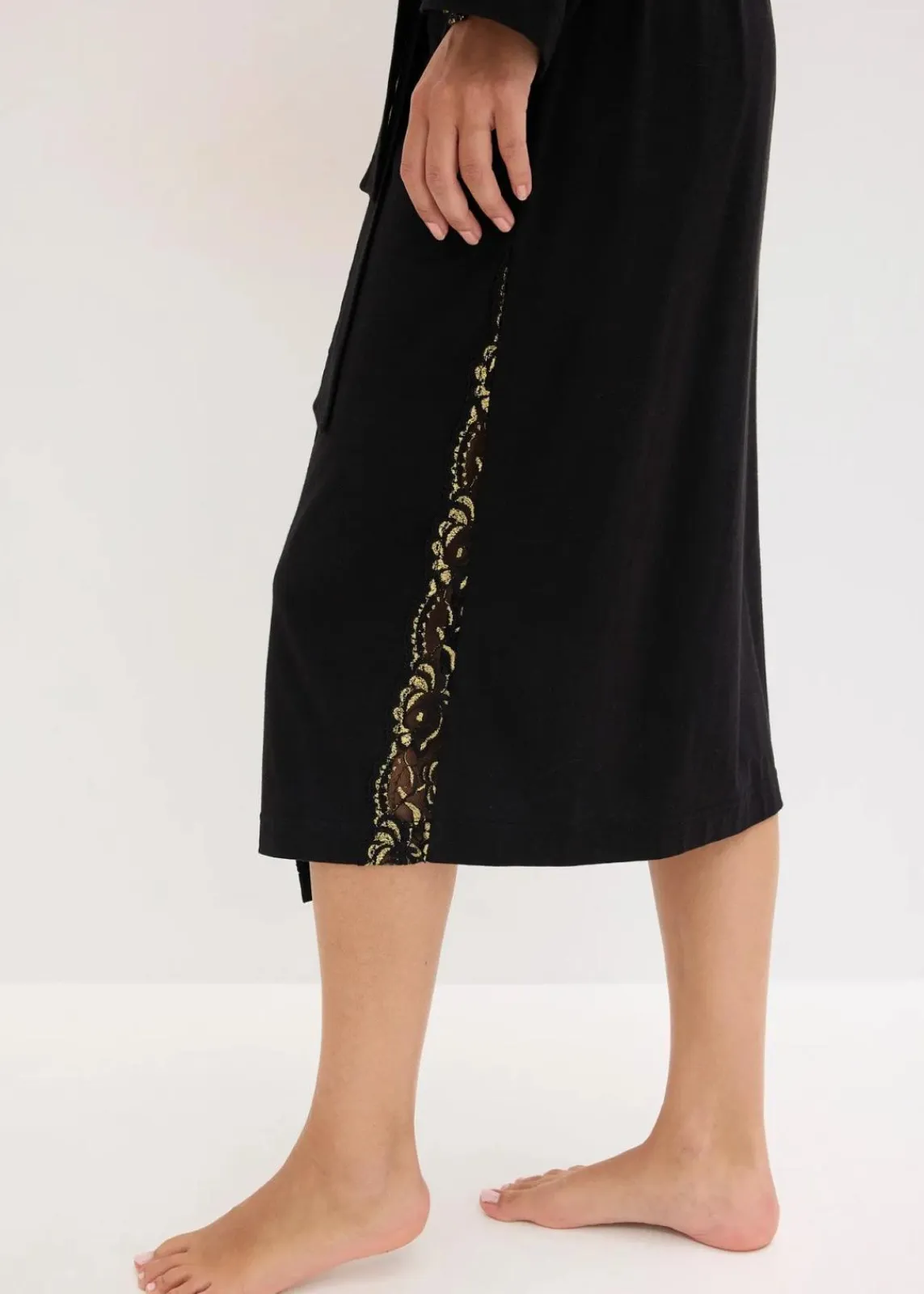 bonprix Wäsche·Bademäntel|Bademäntel^Kimono Morgenmantel mit zarter Glitzerspitze schwarz