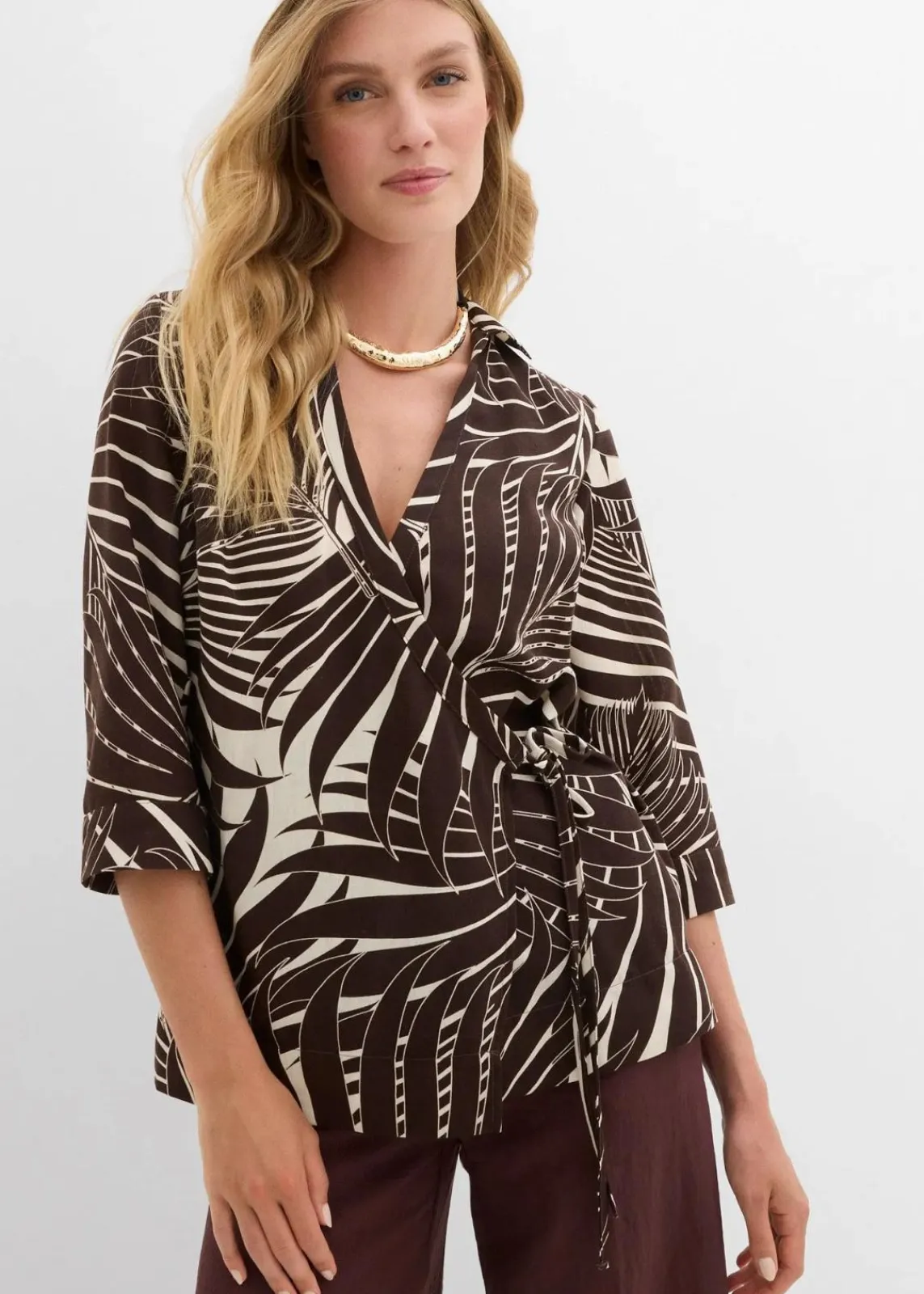 bonprix Bekleidung·Jacken & Mäntel|Blusen & Tuniken^Kimono-Bluse in Leinenoptik natur/dunkelbraun bedruckt
