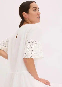 bonprix Bekleidung·Pullover & Strickjacken|Kleider^Kleid aus Musselin mit Lochstickerei wollweiß