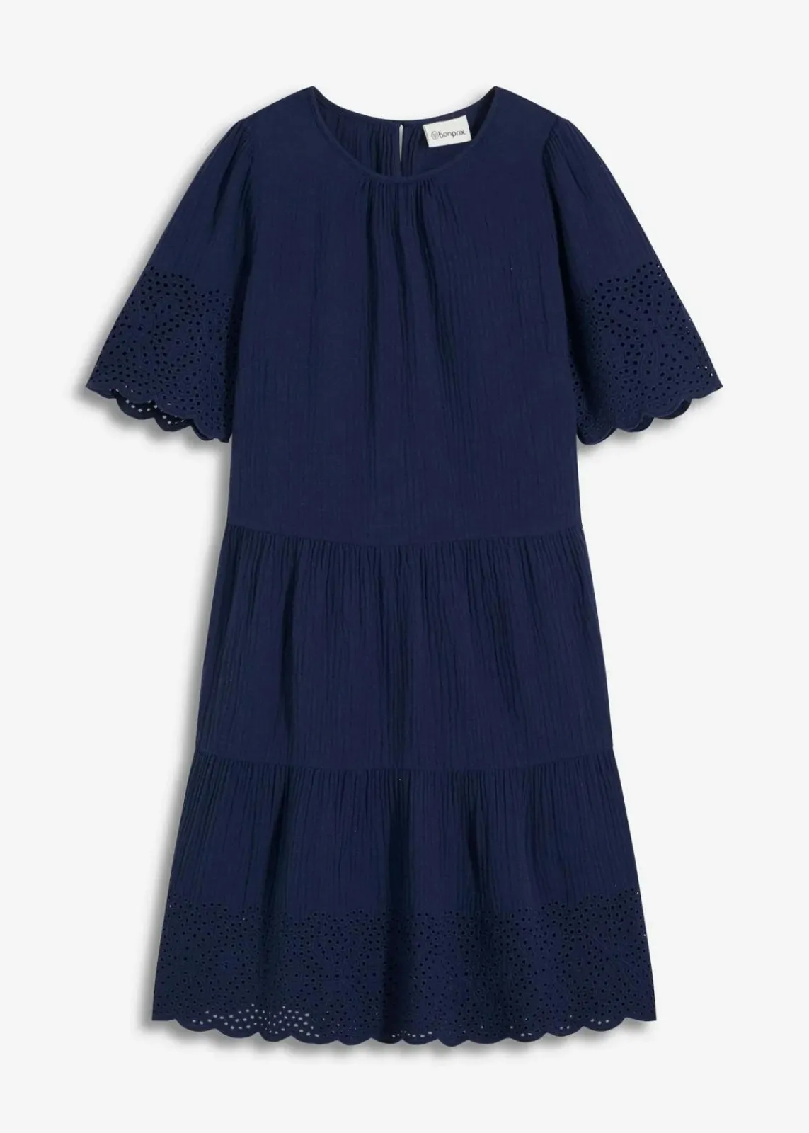 bonprix Kleider|Bekleidung·Pullover & Strickjacken^Kleid aus Musselin mit Lochstickerei dunkelblau