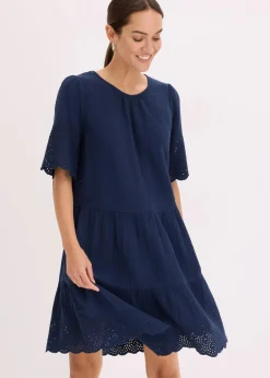 bonprix Kleider|Bekleidung·Pullover & Strickjacken^Kleid aus Musselin mit Lochstickerei dunkelblau
