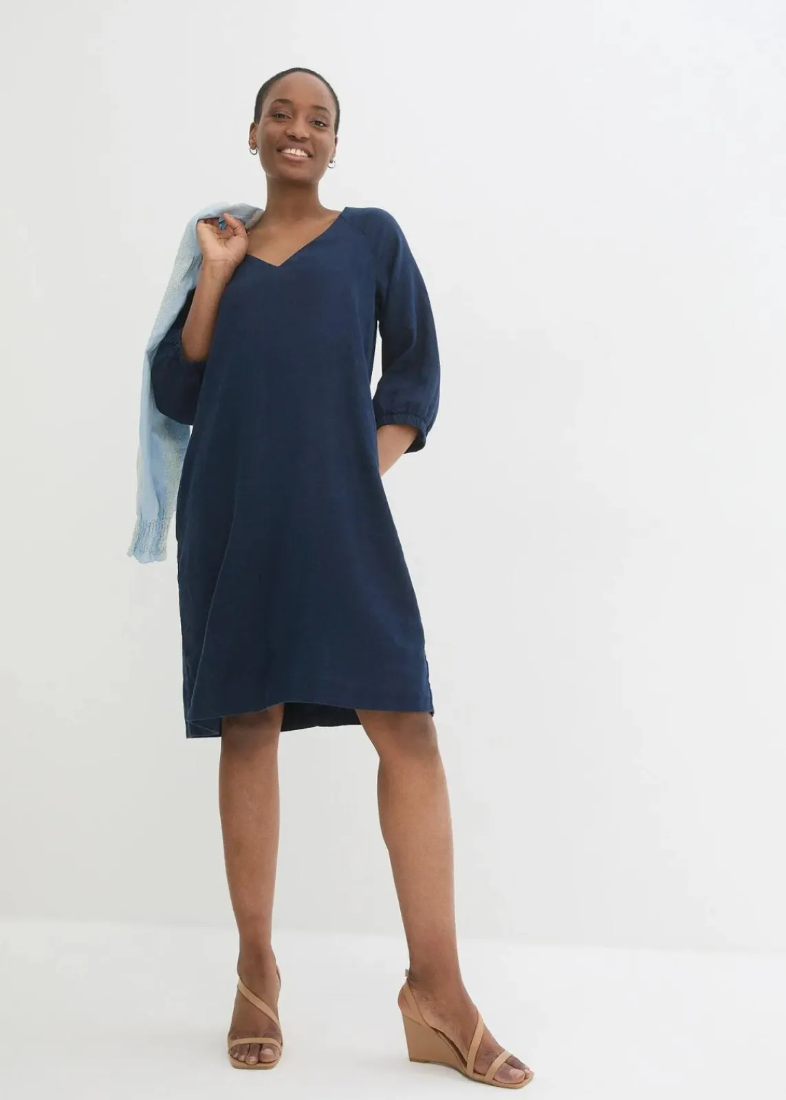 bonprix Bekleidung·Pullover & Strickjacken|Premium^Kleid aus reinem Leinen, 3/4 Arm dunkelblau