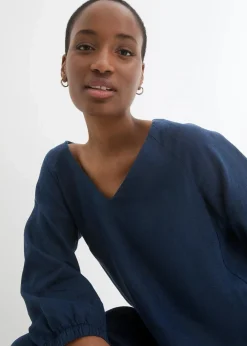 bonprix Bekleidung·Pullover & Strickjacken|Premium^Kleid aus reinem Leinen, 3/4 Arm dunkelblau