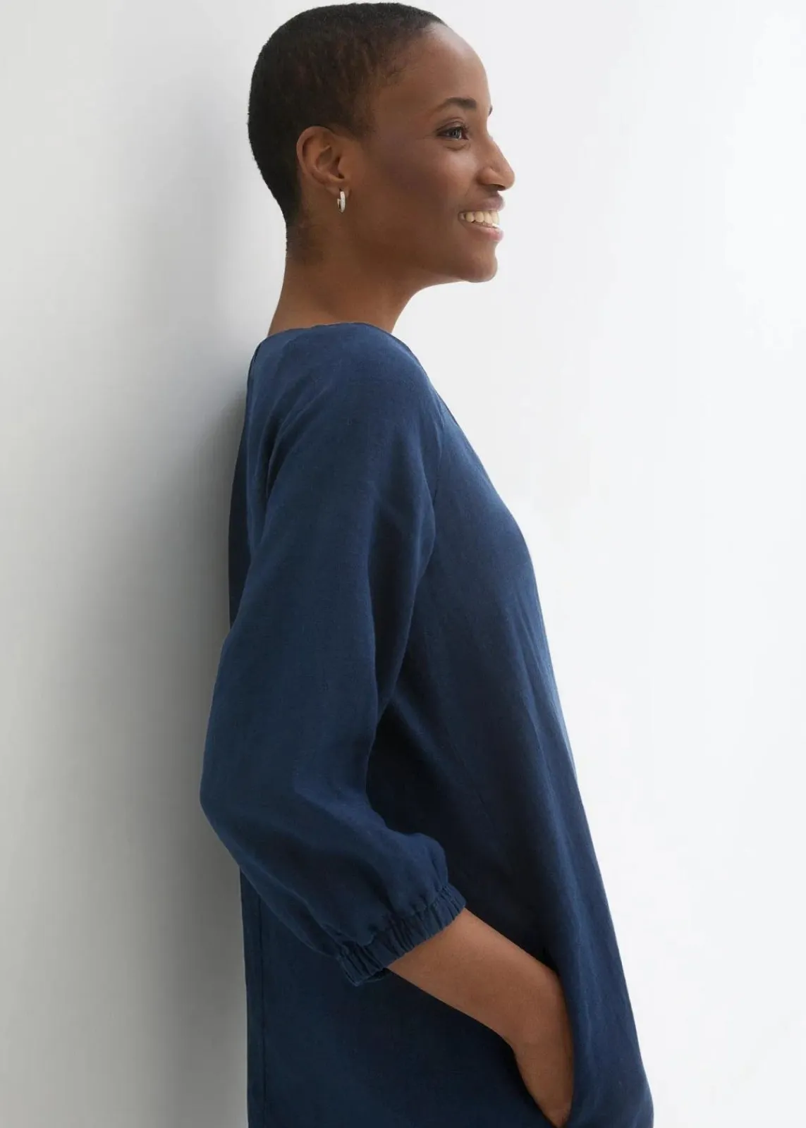 bonprix Bekleidung·Pullover & Strickjacken|Premium^Kleid aus reinem Leinen, 3/4 Arm dunkelblau