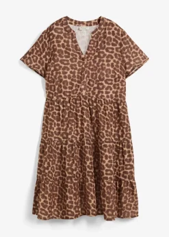 bonprix Kleider|Bekleidung·Pullover & Strickjacken^Kleid aus weichem Musselin braun/mittelbraun/maronenbraun/naturstein/mandelbeige leo bedruckt