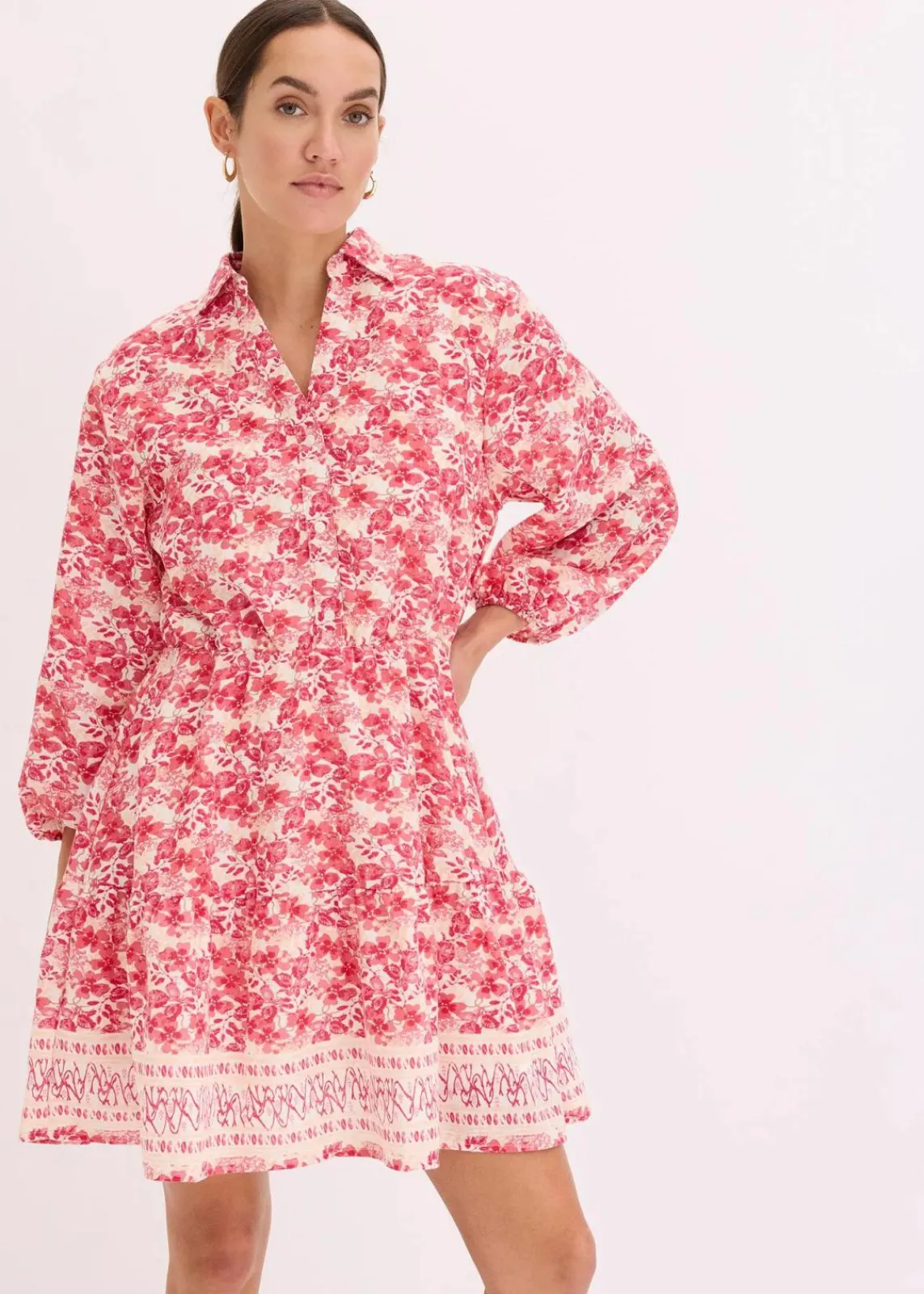 bonprix Kleider|Bekleidung·Pullover & Strickjacken^Kleid im Leinen-Look wollweiß/pink bedruckt