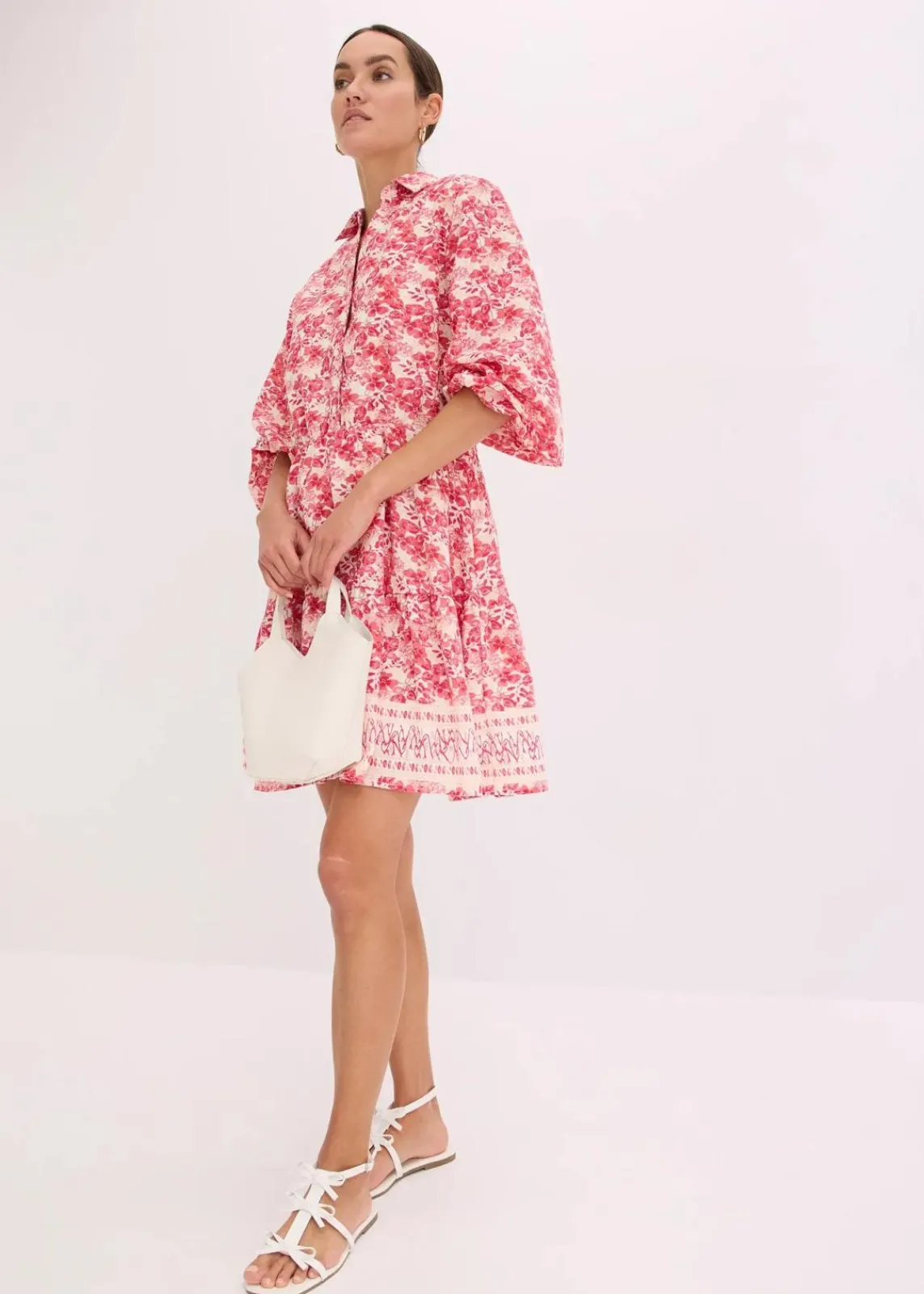 bonprix Kleider|Bekleidung·Pullover & Strickjacken^Kleid im Leinen-Look wollweiß/pink bedruckt